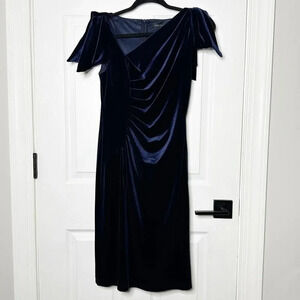 DAVID‎ MEISTER Size 2 Navy Blue Velvet Cocktail Dress Ruched Tie Shoulder